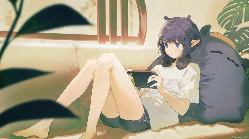 1girl artist_name bare_legs barefoot black_shorts blurry character_pillow couch depth_of_field dolphin_shorts frown headphones headphones_around_neck highres hololive hololive_english indoors knees_together_feet_apart ninomae_ina'nis ninomae_ina'nis_(5th_costume) ninomae_ina'nis_(artist) nintendo_switch on_couch plant playing_games pointy_ears purple_hair reclining shirt short_hair shorts signature sitting solo t-shirt takodachi_(ninomae_ina'nis) tentacle_hair violet_eyes virtual_youtuber white_shirt window