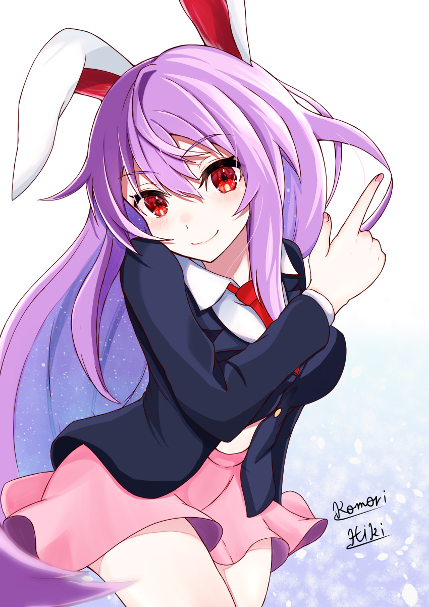 1girl absurdres animal_ears artist_name black_jacket blazer collared_shirt commentary_request cowboy_shot fingernails hair_between_eyes highres jacket komori_hiki16 long_hair looking_at_viewer necktie pink_skirt pointing pointing_up purple_hair rabbit_ears red_eyes red_tie reisen_udongein_inaba shirt signature skirt smile solo thighs touhou very_long_hair white_background white_shirt