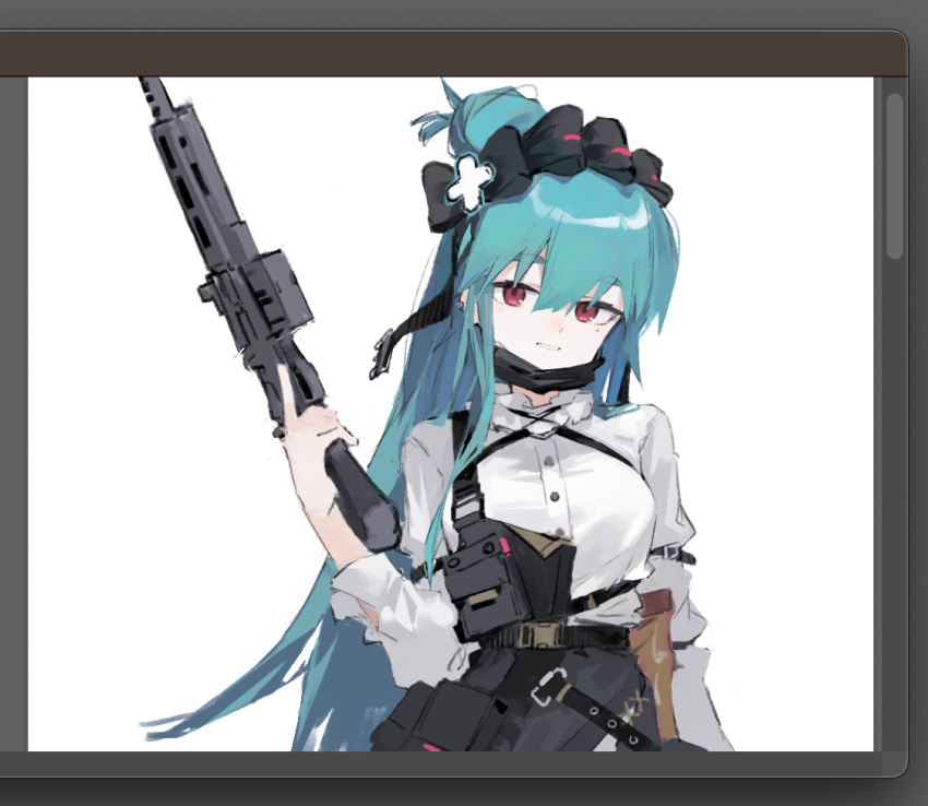 1girl art_program_in_frame assault_rifle astg black_bow black_mask blue_hair bow ear_piercing girls_frontline gun hair_bow holding holding_gun holding_weapon long_hair looking_at_viewer mask mask_pull mole mole_under_eye mouth_mask piercing ponytail red_eyes rifle scr_(girls'_frontline) shirt simple_background solo weapon white_background white_shirt