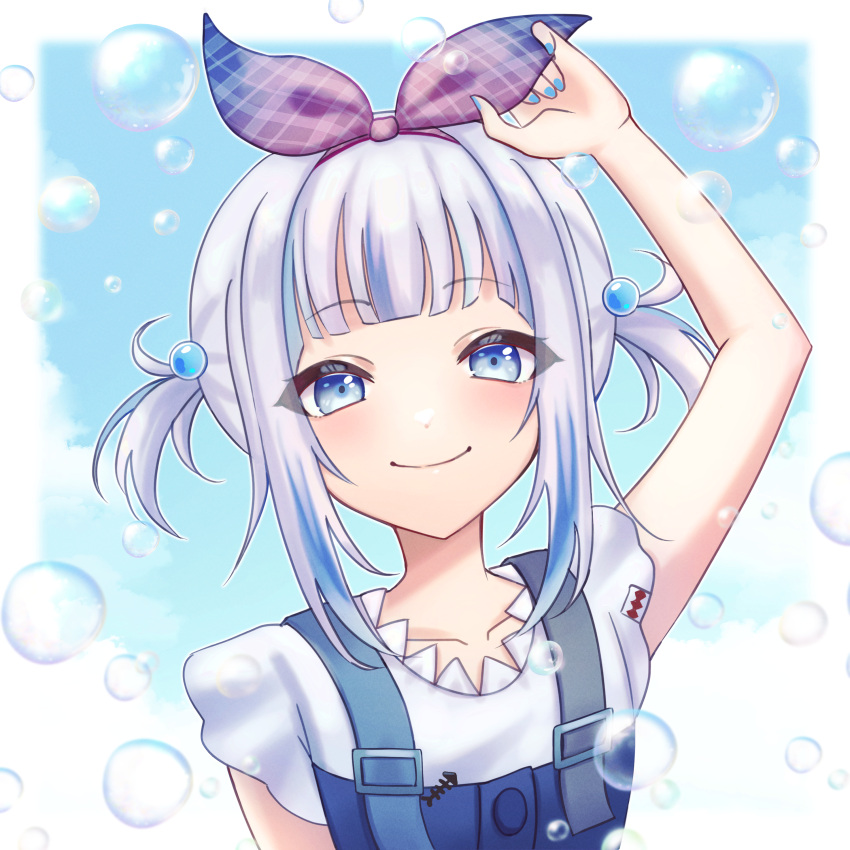 1girl absurdres arm_up blue_eyes blue_hair blush bow bubble gawr_gura gawr_gura_(2nd_costume) hair_bobbles hair_bow hair_ornament hand_on_headwear highres hololive hololive_english looking_at_viewer low_twintails multicolored_hair official_alternate_costume overalls short_hair short_sleeves smile solo streaked_hair tsumurimai twintails upper_body virtual_youtuber white_hair