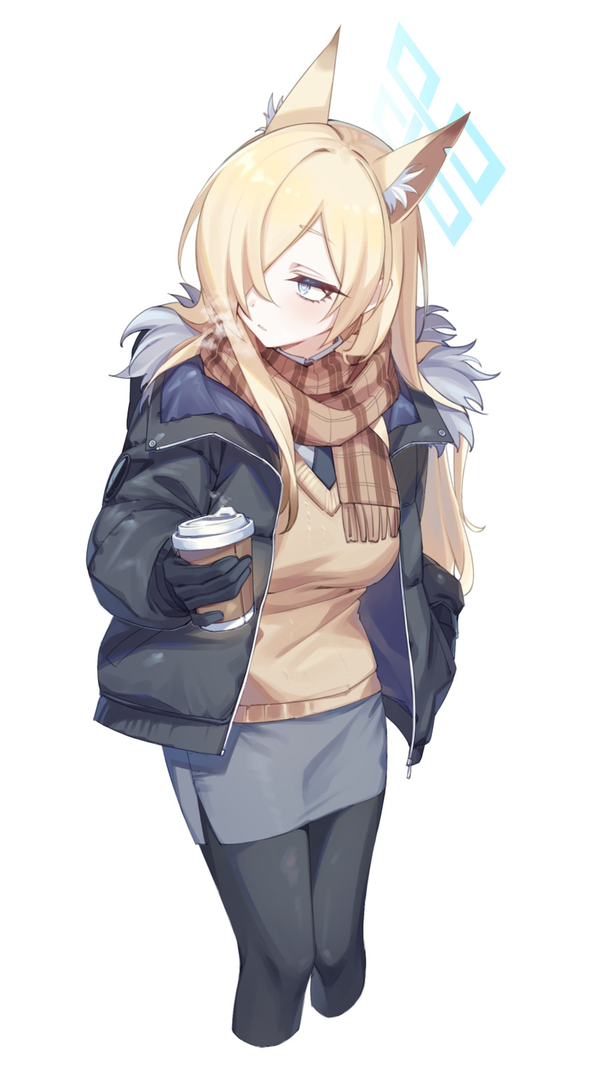 1girl absurdres animal_ears black_gloves black_jacket black_necktie black_pantyhose blonde_hair blue_archive blue_eyes blue_halo brown_scarf clenched_teeth coffee_cup cropped_legs cup disposable_cup feet_out_of_frame fringe_trim fur-trimmed_jacket fur_trim gloves grey_skirt hair_over_one_eye halo highres holding holding_cup jacket kanna_(blue_archive) long_hair long_sleeves necktie open_clothes open_jacket pantyhose pencil_skirt scarf sharp_teeth simple_background skirt solo teeth tosankaku vest white_background yellow_vest