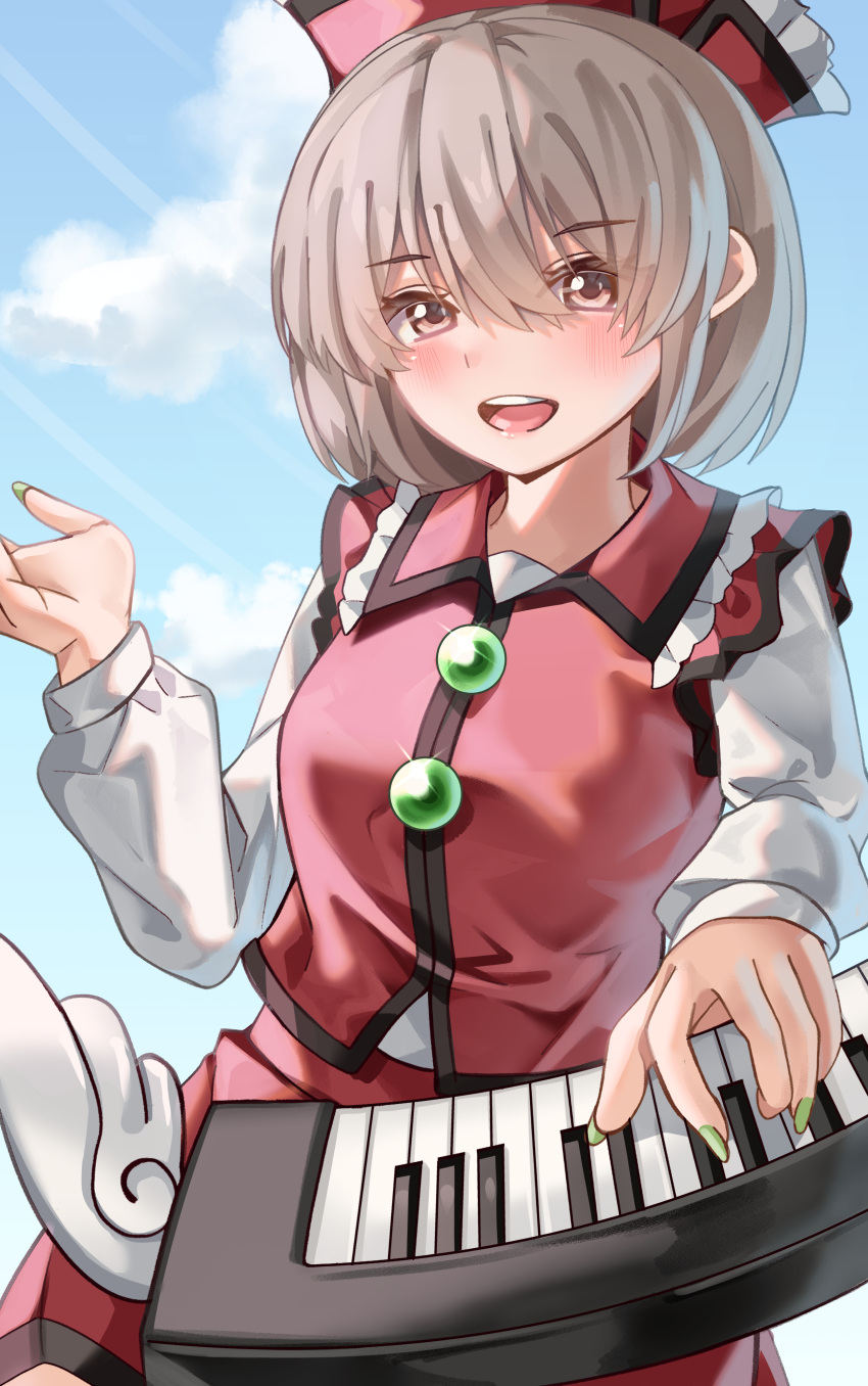 1girl absurdres brown_eyes clouds cloudy_sky green_nails grey_hair highres instrument jacket keyboard_(instrument) lyrica_prismriver maboroshi_mochi music playing_instrument red_headwear red_jacket red_skirt shirt skirt sky smile solo touhou white_shirt
