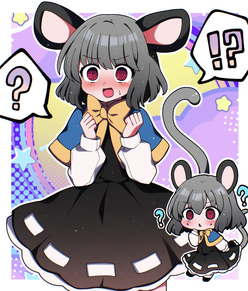 !? 1girl ? @_@ absurdres animal_ears black_dress black_footwear blue_capelet blush capelet dress grey_hair highres long_sleeves mouse_ears mouse_tail multiple_views nazrin open_mouth red_eyes shoes short_hair spoken_question_mark tail touhou you_(noanoamoemoe)