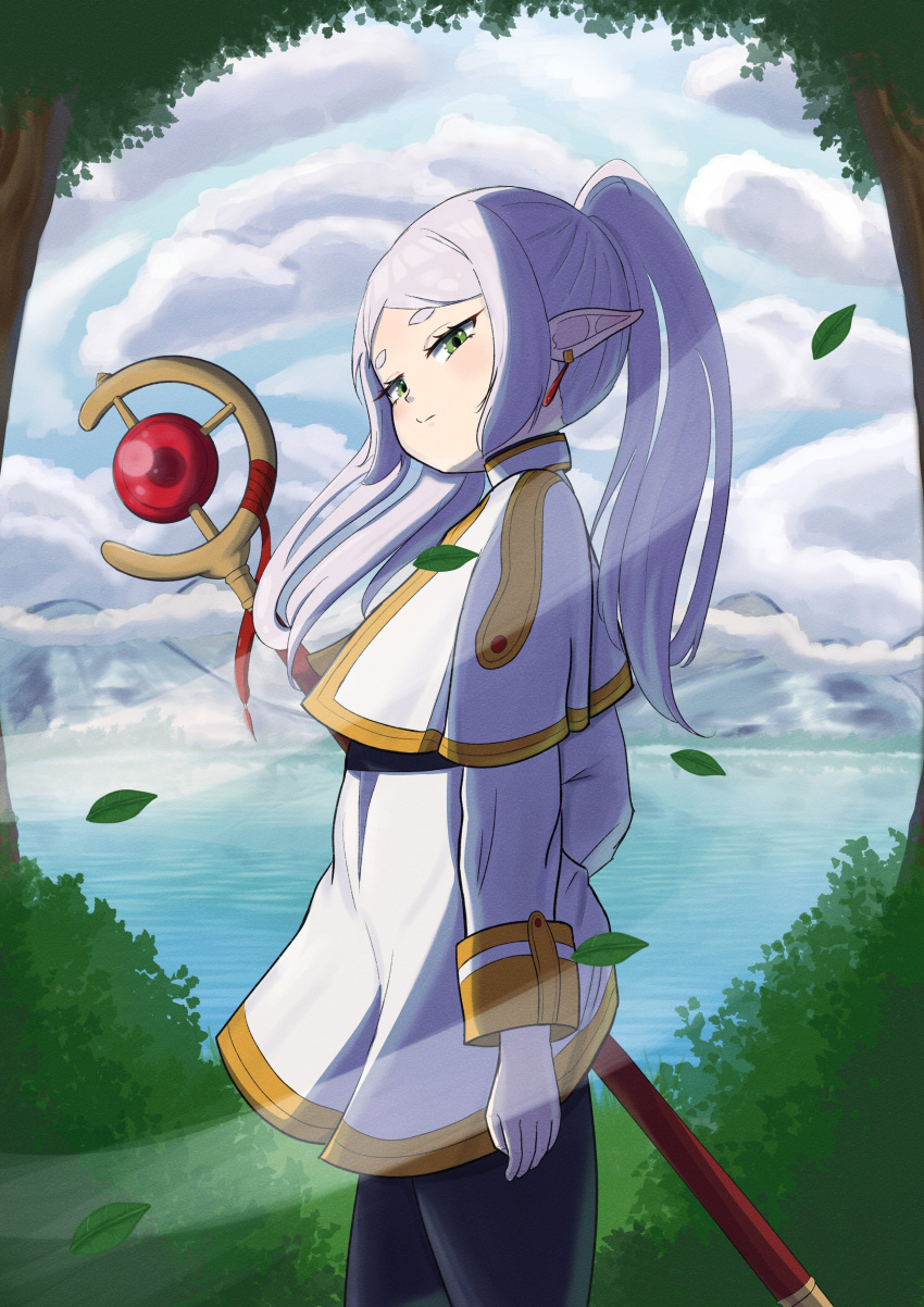 1girl absurdres earrings elf frieren green_eyes highres holding holding_staff jewelry kurohi_drw lake looking_at_viewer mage_staff pointy_ears solo sousou_no_frieren staff twintails white_hair