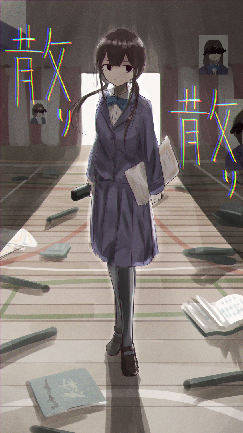 1girl absurdres arms_at_sides backlighting black_footwear black_pantyhose blazer blue_jacket blue_skirt bow bowtie brown_hair censored chilly_(synthesizer_v) chromatic_aberration closed_mouth collared_shirt commentary_request expressionless full_body highres holding holding_paper holding_scroll identity_censor indoors jacket long_hair long_sleeves low_twintails mary_janes moca_suzuka notebook pantyhose paper school_uniform scroll shadow shirt shoes skirt solid_eyes solo standing twintails utau white_shirt