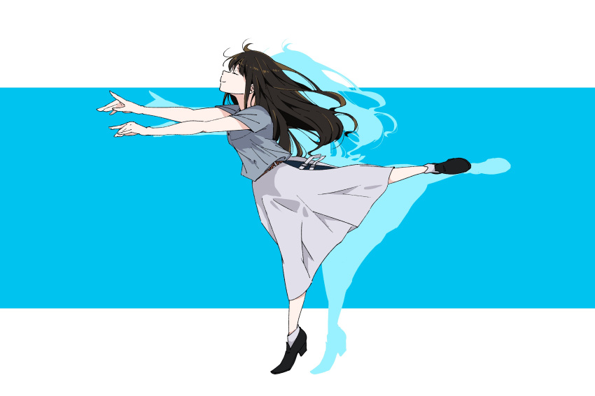 1girl absurdres belt belt_buckle black_hair blue_background buckle closed_mouth dancing from_side highres inoue_takina leg_up long_hair long_skirt lycoris_recoil misskiwi outstretched_arms short_sleeves silhouette skirt smile socks solo striped striped_background wedge_heels white_background