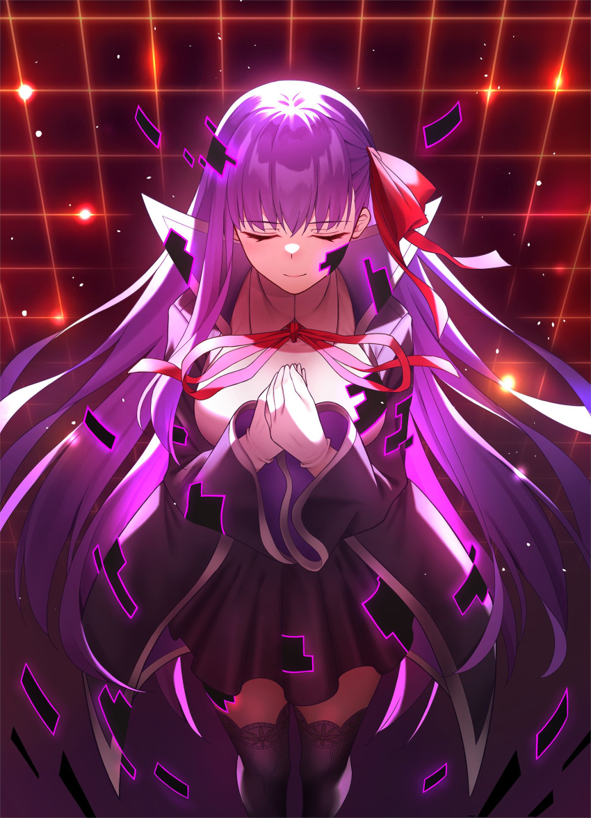 1girl absurdres bb_(fate) bb_(fate/extra) black_skirt black_thighhighs breasts checkered_background closed_eyes digital_dissolve fate/extra fate/extra_ccc fate_(series) gloves hair_ribbon highres large_breasts long_hair own_hands_together purple_hair ribbon sano_jinya skirt smile thigh-highs very_long_hair white_gloves