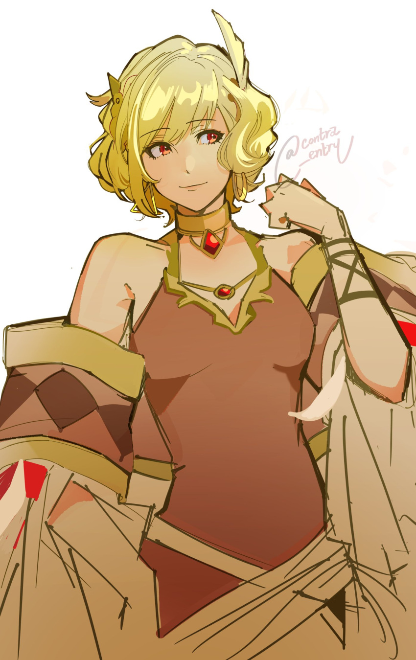 1girl bare_shoulders blonde_hair brown_dress citrinne_(fire_emblem) dress earrings feather_hair_ornament feathers fire_emblem fire_emblem_engage gold_choker gold_trim hair_ornament highres hoop_earrings jewelry lamb_(contra_entry) leather_wrist_straps looking_to_the_side mismatched_earrings red_eyes solo wing_hair_ornament