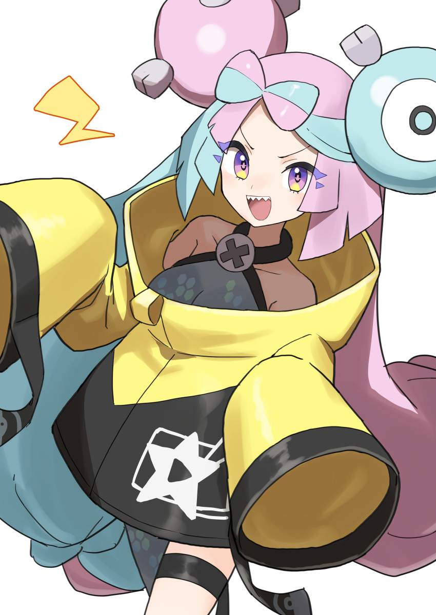 &gt;:) 1girl absurdres bare_shoulders blue_hair bow-shaped_hair breasts character_hair_ornament collarbone gazacy_(dai) grey_pantyhose hair_ornament halterneck hexagon_print highres iono_(pokemon) jacket lightning_bolt_symbol long_hair looking_at_viewer medium_breasts multicolored_hair open_mouth oversized_clothes pantyhose pink_hair pokemon pokemon_sv sharp_teeth single_leg_pantyhose sleeves_past_fingers sleeves_past_wrists smile solo teeth thigh_strap twintails two-tone_hair v-shaped_eyebrows very_long_hair very_long_sleeves violet_eyes white_background x yellow_jacket