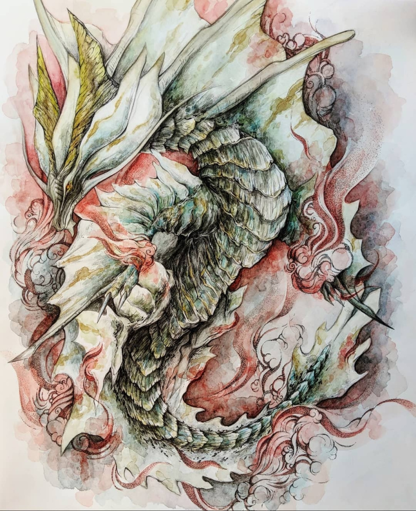 amatsumagatsuchi claws clouds dragon eastern_dragon fins flying full_body highres horns looking_to_the_side minori_0518 monster monster_hunter_(series) no_humans painting_(medium) scales tail traditional_media watercolor_(medium) whiskers