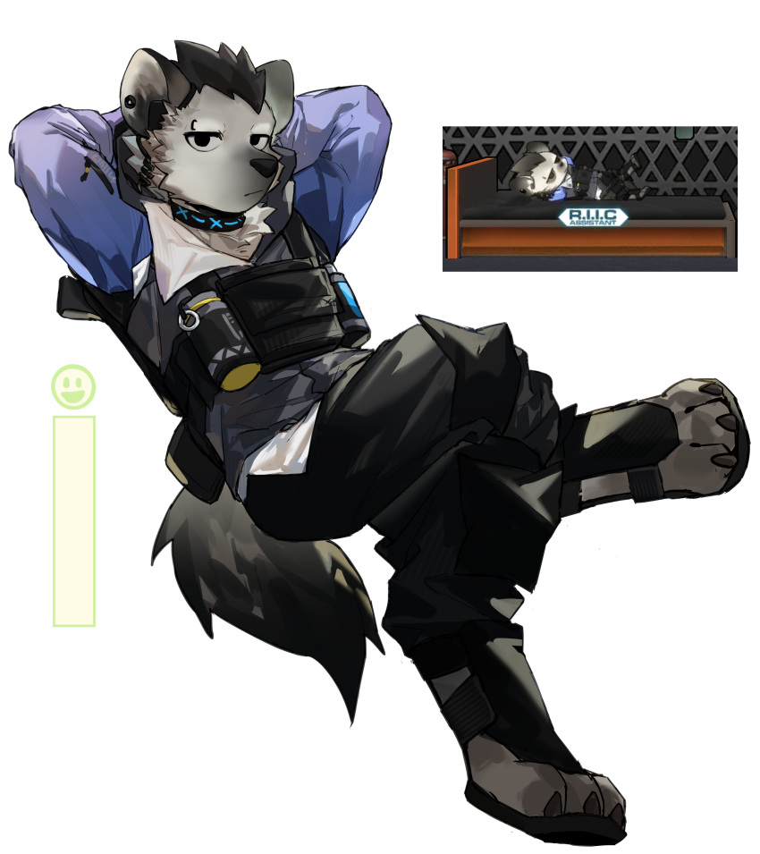 1boy absurdres arknights arms_behind_back black_vest blue_shirt claws ear_piercing english_commentary eyebrow_piercing furry furry_male highres hyena_boy hyena_ears hyena_tail infection_monitor_(arknights) kitai_su looking_at_viewer male_focus piercing reclining reference_photo shirt sitting spot_(arknights) spot_(professional)_(arknights) vest white_background