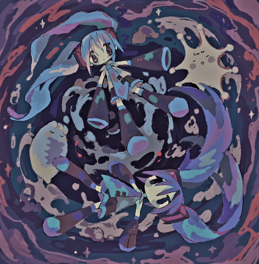 2girls abstract_background ai_wo_sagashite_(vocaloid) black_eyes black_footwear black_skirt black_sleeves blue_hair blue_necktie blush_stickers boots clone closed_mouth commentary_request creature edge_0605 expressionless floating_hair full_body grey_shirt hair_ornament hatsune_miku highres long_hair multiple_girls necktie no_mouth pleated_skirt shirt skirt sleeveless sleeveless_shirt sleeves_past_fingers sleeves_past_wrists solid_oval_eyes sparkle thigh_boots tie_clip vocaloid wavy_eyes wide_sleeves