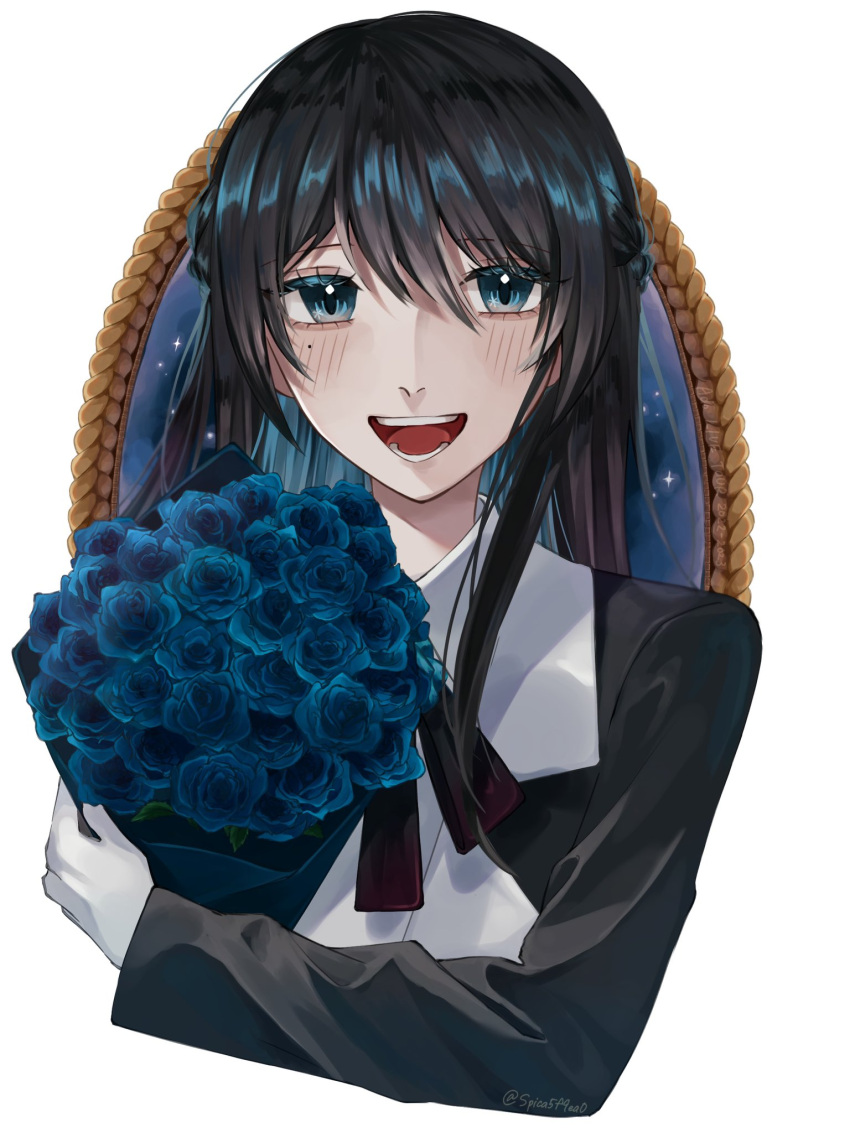 1girl ado_(utaite) black_bow black_bowtie black_hair black_jacket blue_eyes blue_flower blue_hair blue_rose blush bouquet bow bowtie braid chando_(ado) cloud_nine_inc colored_inner_hair commentary_request cropped_torso flower french_braid gloves hair_between_eyes highres holding holding_bouquet jacket long_sleeves looking_at_viewer mole mole_under_eye multicolored_hair open_mouth rose shirt sidelocks simple_background solo spica_(spica5f9ea0) teeth twitter_username two-tone_hair upper_body utaite white_background white_gloves white_shirt