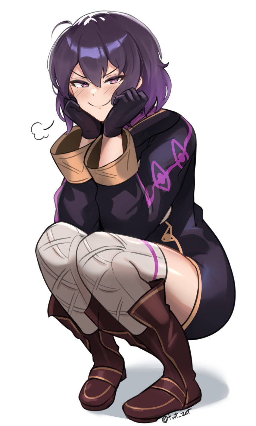 &gt;:) 1girl black_gloves boots brown_footwear coat fire_emblem fire_emblem_awakening full_body gloves head_on_hand highres looking_at_viewer morgan_(female)_(fire_emblem) morgan_(fire_emblem) puff_of_air purple_coat purple_hair short_hair smile solo squatting thigh-highs thighs v-shaped_eyebrows violet_eyes white_background zet_(twt_zet)