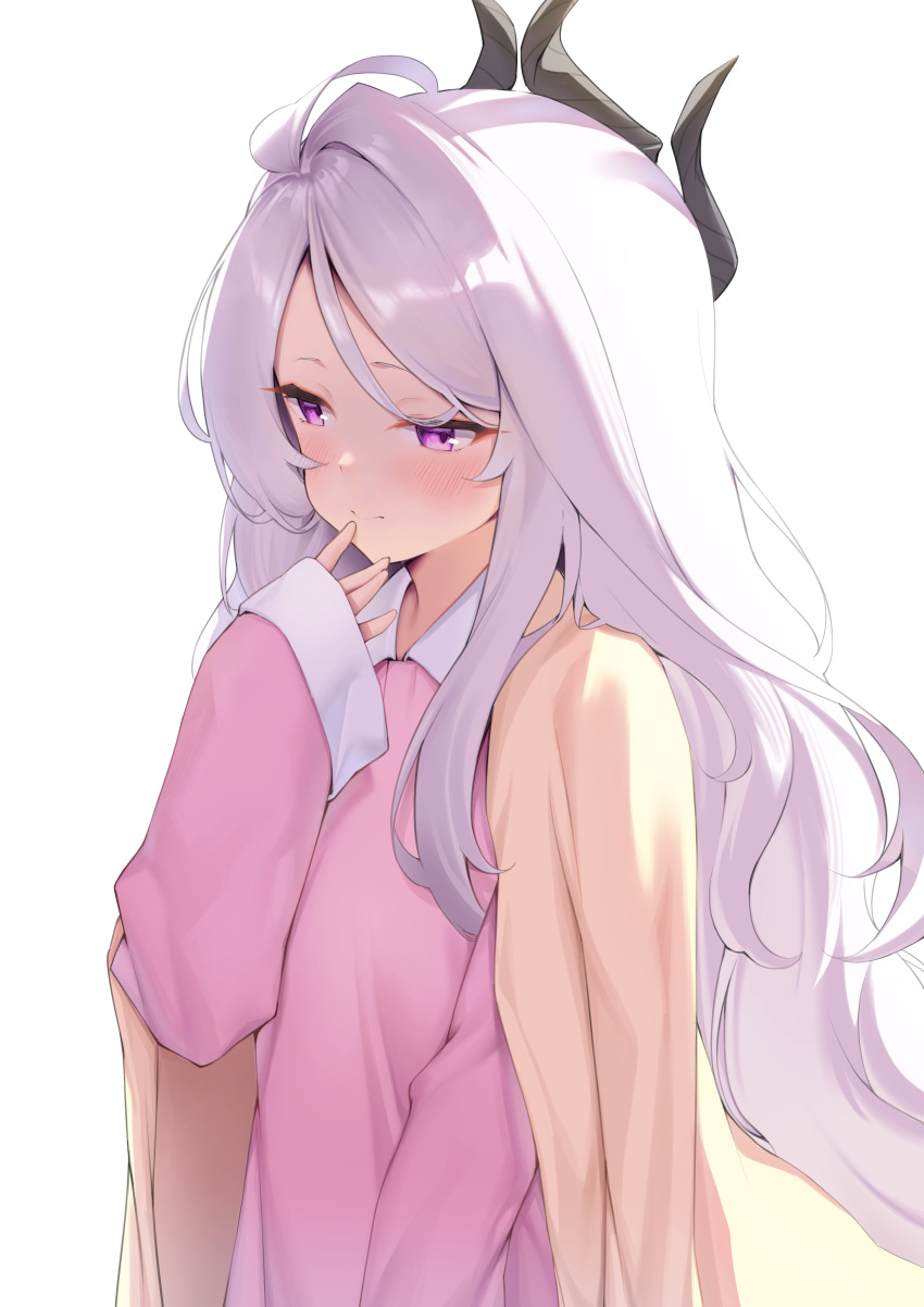 1girl absurdres ajoe_(hakuha_k) black_horns blue_archive blush closed_mouth demon_horns highres hina_(blue_archive) horns jacket jacket_on_shoulders long_hair long_sleeves multiple_horns pajamas parted_bangs pink_pajamas simple_background solo upper_body very_long_hair violet_eyes white_background white_hair yellow_jacket