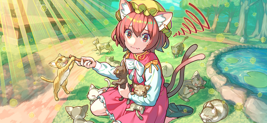 1girl animal animal_ear_fluff animal_ears black_footwear bow bowtie brown_eyes brown_hair building cat cat_ears cat_tail chen clouds day dress fang grass green_headwear hair_between_eyes hat holding holding_animal holding_cat holding_stick light_rays lily_pad long_sleeves looking_at_viewer mob_cap multiple_tails nobile1031 non-web_source official_art outdoors path red_dress second-party_source shirt shoes short_hair skin_fang sky sleeve_cuffs sleeveless sleeveless_dress solo squiggle stick tail too_many too_many_cats touhou touhou_gensou_eclipse tree two_tails wavy_mouth white_bow white_bowtie white_shirt yellow_bow