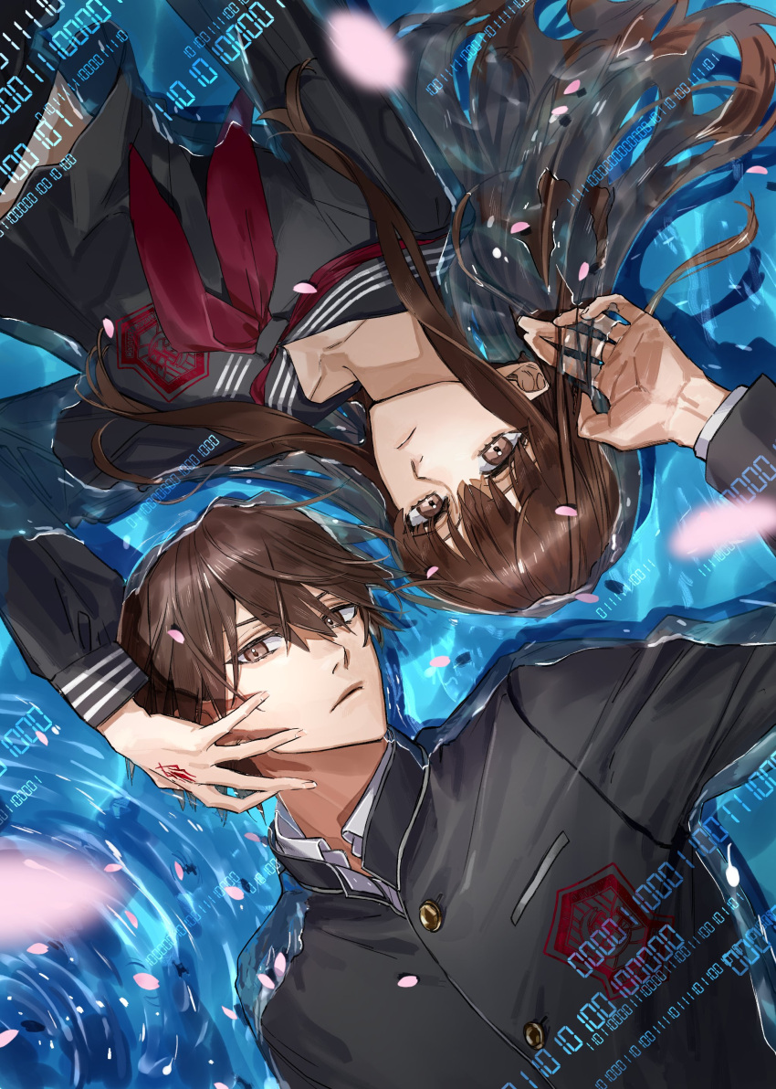 1boy 1girl absurdres binary black_shirt brown_eyes brown_hair buttons closed_mouth fate/extra fate_(series) fingers_to_cheeks gorirataro_re highres kishinami_hakuno_(female) kishinami_hakuno_(male) light_frown long_hair lying lying_on_water medium_hair on_back parted_lips partially_submerged red_scarf red_tie ripples sailor sailor_collar scarf school_uniform shirt water white_undershirt