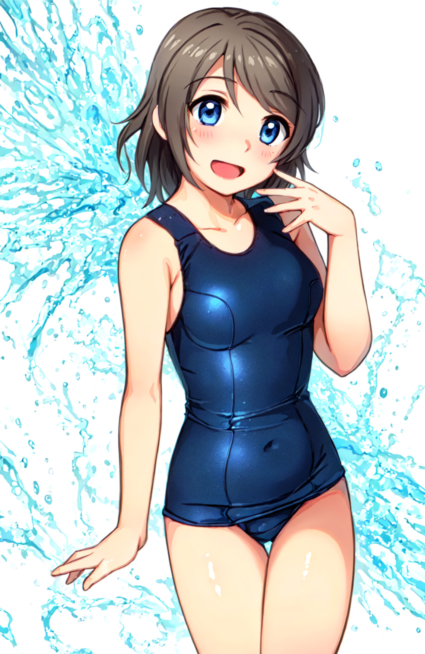 1girl blue_eyes blue_one-piece_swimsuit breasts covered_navel cowboy_shot grey_hair highres love_live! love_live!_sunshine!! medium_breasts neopure old_school_swimsuit one-piece_swimsuit school_swimsuit school_uniform short_hair smile solo standing swimsuit thigh_gap watanabe_you