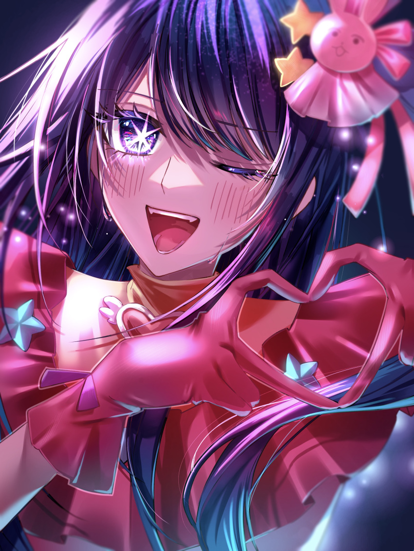 1girl absurdres blue_background blush brooch commentary_request gloves hair_ornament heart heart_brooch heart_hands highres hoshino_ai_(oshi_no_ko) idol idol_clothes jewelry light_particles long_hair one_eye_closed one_side_up open_mouth oshi_no_ko partial_commentary pink_gloves purple_hair rabbit_hair_ornament shadow sidelocks smile solo spica_(spica5f9ea0) star-shaped_pupils star_(symbol) star_hair_ornament symbol-shaped_pupils teeth upper_body violet_eyes
