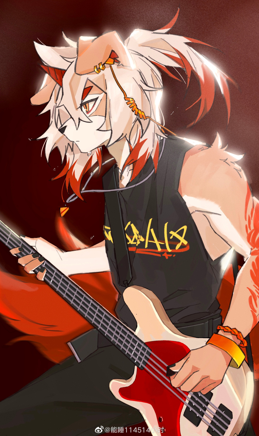 1boy absurdres animal_ears arknights bass_guitar black_pants black_tank_top bracelet chinese_commentary colored_tips commentary_request earpiece furry furry_male highres holding holding_instrument holding_plectrum horns hung_(arknights) instrument jewelry male_focus multicolored_hair necklace pants plectrum ponytail profile seikaze single_horn tail tank_top weibo_username