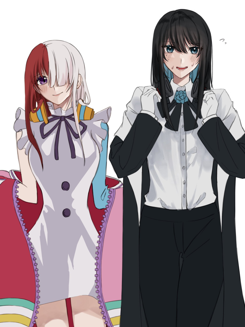 2girls ado_(utaite) black_bow black_bowtie black_coat black_hair black_pants blue_eyes blue_flower blue_hair blue_rose blush bow bowtie chando_(ado) closed_mouth cloud_nine_inc coat collared_shirt colored_inner_hair commentary_request dress dress_shirt flower flower_brooch gloves hair_between_eyes hair_over_one_eye highres jacket long_hair long_sleeves looking_at_viewer mole mole_under_eye multicolored_hair multiple_girls neck_ribbon off_shoulder one_piece one_piece_film:_red open_clothes open_coat open_jacket open_mouth pants pink_jacket purple_ribbon redhead ribbon rose shirt sidelocks simple_background sleeveless sleeveless_dress spica_(spica5f9ea0) split-color_hair sweatdrop teeth two-tone_hair uta_(one_piece) utaite violet_eyes voice_actor_connection white_background white_dress white_gloves white_hair white_shirt
