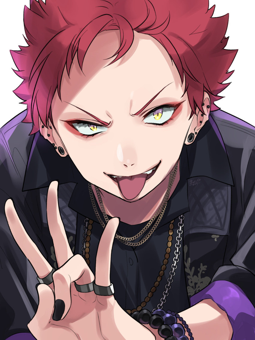 1boy bead_bracelet beads bracelet chain_necklace constricted_pupils ear_piercing earrings harai_kuko highres hypnosis_mic jacket jewelry kishinaito looking_at_viewer male_focus multiple_necklaces multiple_piercings multiple_rings nail_polish necklace open_mouth piercing redhead ring short_hair smile solo tongue tongue_out upper_body v-shaped_eyebrows w yellow_eyes