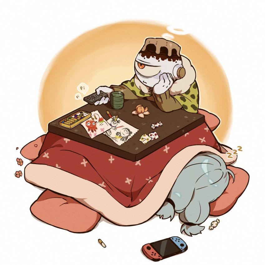 2boys blue_hair brown_jacket candy cape chibi child's_drawing controller crayon cup cushion cyclops food frown fruit highres holding holding_remote_control jacket jj_dyu jogo_(jujutsu_kaisen) jujutsu_kaisen kotatsu long_hair long_sleeves mahito_(jujutsu_kaisen) male_focus mandarin_orange multiple_boys nintendo_switch one-eyed paper red_eyes remote_control table v-shaped_eyebrows white_background yellow_background yellow_cape zzz