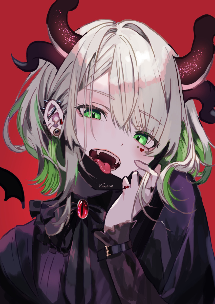 1girl apricot_the_lich black_mask black_ribbon black_shirt blush colored_inner_hair demon_girl demon_horns ear_piercing earrings english_text facial_mark fangs frills green_eyes green_hair grey_hair hair_behind_ear heart heart_facial_mark highres horns industrial_piercing jewelry long_sleeves looking_at_viewer mask_pull mochimochi_589 multicolored_hair multiple_horns multiple_rings neck_ribbon open_mouth parted_bangs piercing red_background red_horns ribbon ring shirt short_hair solo tongue tongue_out vampire_(vocaloid) vshojo wrist_belt