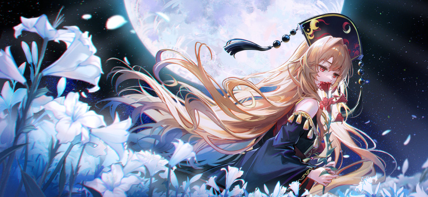 1girl black_dress black_headwear blonde_hair blush clothing_cutout covered_mouth covering_mouth dress dutch_angle floating_hair flower from_side full_moon hair_between_eyes holding holding_flower junko_(touhou) kyusoukyu lily_(flower) long_hair looking_afar moon night night_sky non-web_source official_art outdoors phoenix_crown red_eyes red_flower red_tabard second-party_source shoulder_cutout sky smelling_flower solo star_(sky) starry_sky tabard touhou touhou_gensou_eclipse very_long_hair white_flower