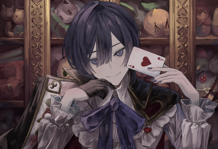 1boy absurdres black_gloves blue_eyes blue_hair blue_nails card closed_mouth commentary dark_blue_hair doll facing_viewer frilled_sleeves frills gloves hair_between_eyes half_gloves highres holding holding_card ill_0619 jacket jacket_on_shoulders kaito_(vocaloid) looking_at_viewer male_focus matryoshka_doll nail_polish playing_card portrait shelf shirt short_hair smile solo stuffed_toy vocaloid white_shirt