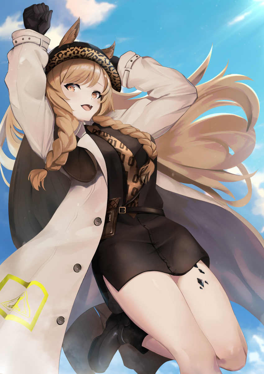 1girl absurdres arknights arms_up black_dress black_gloves black_headwear blue_sky braid brown_coat brown_eyes brown_hair ceobe_(arknights) clouds coat cosplay day dress ears_through_headwear fang girls_frontline gloves hat highres leg_up long_hair long_sleeves looking_at_viewer open_clothes open_coat open_mouth oripathy_lesion_(arknights) outdoors p90_(girls'_frontline) p90_(girls'_frontline)_(cosplay) p90_(the_girl_from_b.e.l)_(girls'_frontline) side_braids sky solo very_long_hair yan_kodiac