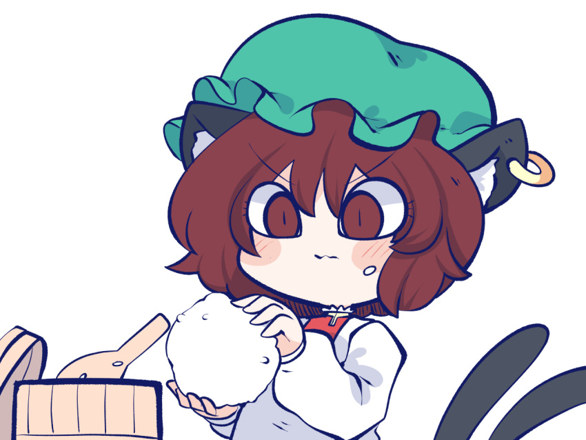 1girl animal_ear_fluff animal_ear_piercing animal_ears blush brown_eyes brown_hair cat_ears cat_tail chahan_(fried_rice0614) chen commentary_request earrings food food_on_face green_headwear hat holding holding_food jewelry long_sleeves mob_cap multiple_tails nekomata onigiri puffy_long_sleeves puffy_sleeves single_earring slit_pupils solo tail touhou two_tails upper_body v-shaped_eyebrows