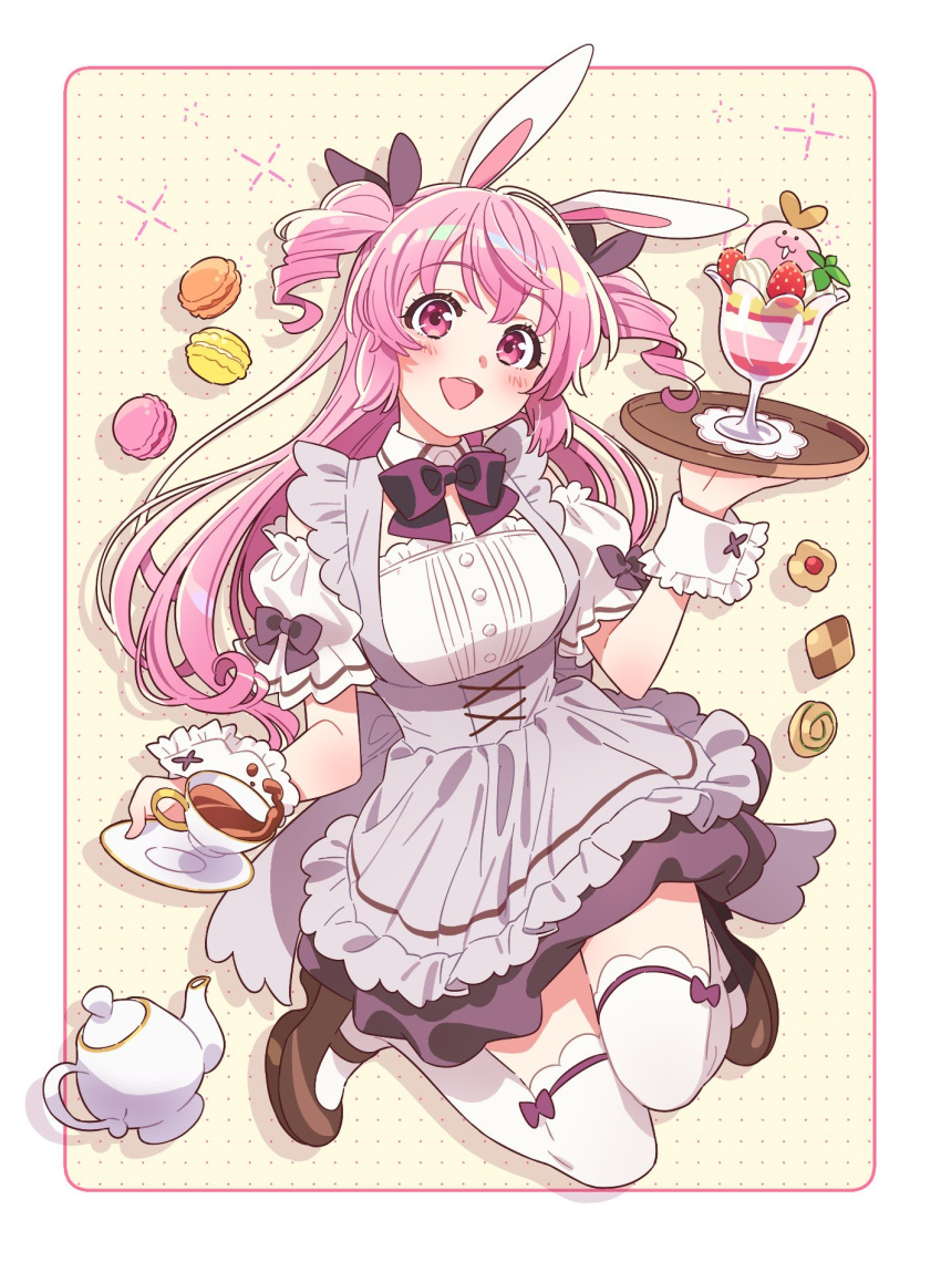 1girl animal_ears blush border bow bow_legwear bowtie breasts brown_footwear coffee coffee_cup collar commentary cookie cup detached_sleeves disposable_cup dress drill_hair drop_shadow food frilled_dress frills full_body grey_dress highres holding holding_plate holding_tray kneeling layered_dress legwear_garter long_hair looking_at_viewer macaron medium_breasts medium_dress open_mouth original outside_border parfait pink_border pink_eyes pink_hair plate polka_dot polka_dot_background puffy_short_sleeves puffy_sleeves purple_bow purple_bowtie rabbit_ears shoes short_sleeves solo straight_hair symbol-only_commentary teapot teeth thigh-highs tokira_nozumi tray twin_drills two_side_up upper_teeth_only waitress white_background white_border white_collar white_thighhighs wrist_cuffs yellow_background zettai_ryouiki