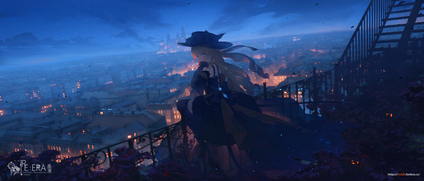 1girl absurdres backlighting black_headwear blonde_hair city_lights curly_hair dress fog from_behind genshin_impact hat highres leaf light_particles long_hair looking_at_viewer looking_back navia_(genshin_impact) night night_sky railing ribbon scenery sitting sky smile solo star_(sky) thigh-highs thighs void_0