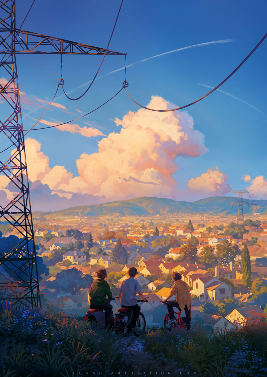 3boys artist_name baseball_cap bicycle black_headwear black_pants blue_sky brown_hair building cityscape clouds commentary contrail day english_commentary facing_away from_behind grass green_hoodie hat highres hood hoodie house motor_vehicle mountain mountainous_horizon multiple_boys on_scooter original outdoors pants power_lines riding riding_bicycle scenery scooter shirt short_hair sky sunlight sylvain_sarrailh t-shirt town transmission_tower tree white_shirt wide_shot yellow_shirt