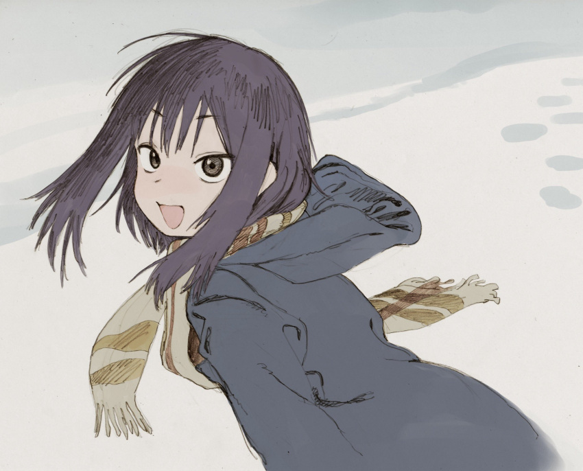 1girl black_hair blush brown_eyes coat commentary_request footprints highres looking_at_viewer medium_hair open_mouth original outdoors scarf smile solo uchida_akira_(taaiseee1121) upper_body winter winter_clothes
