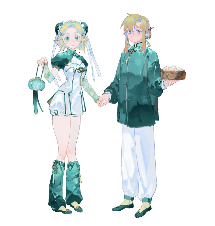 1boy 1girl absurdres alternate_hairstyle aqua_eyes aqua_nails arm_warmers bamboo_steamer baozi blonde_hair blue_eyes breasts bun_cover chinese_clothes closed_mouth cube cube_earrings double_bun earrings flats food full_body green_socks hair_bun hair_ornament hair_stick hairclip highres holding holding_lantern jewelry lantern leg_warmers link long_sleeves looking_at_viewer matching_outfits nail_polish pants parted_bangs pointy_ears princess_zelda puffy_short_sleeves puffy_sleeves shirt short_hair short_sleeves shorts shrug_(clothing) sidelocks simple_background single_hair_bun smile socks standing tassel tassel_earrings the_legend_of_zelda toggles white_background white_pants white_shirt white_shorts xiangzizg