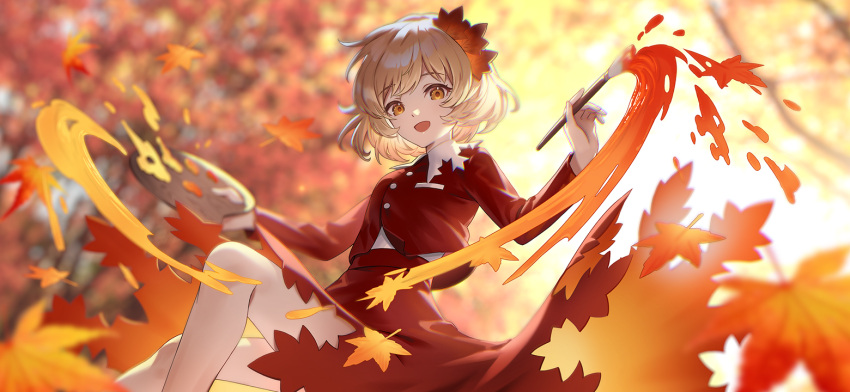 1girl :d aki_shizuha autumn_leaves blonde_hair blurry blurry_background buttons hair_ornament holding holding_paintbrush holding_palette jacket leaf leaf_hair_ornament long_sleeves looking_at_viewer maple_leaf non-web_source official_art open_mouth orange_eyes paint paintbrush palette_(object) red_jacket red_skirt second-party_source shirt short_hair skirt smile solo touhou touhou_gensou_eclipse tree u_u_zan white_shirt