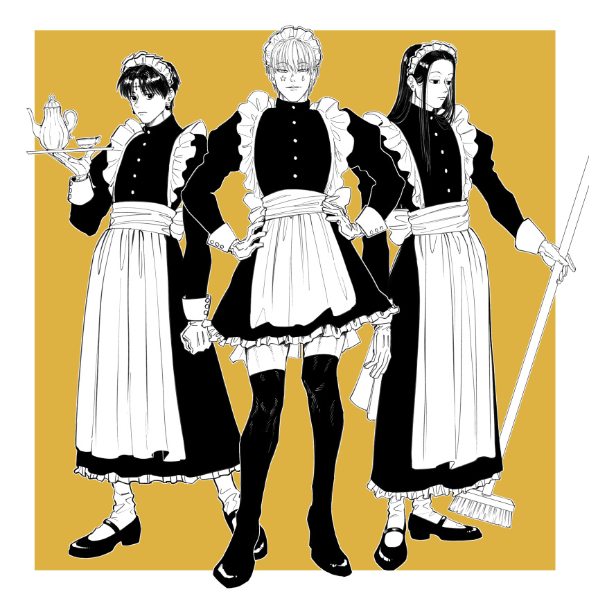 3boys absurdres alternate_costume apron arm_at_side broom chrollo_lucilfer cross_print crossdressing cup dress earrings enmaided expressionless facial_mark forehead_mark frilled_apron frilled_dress frills full_body fuse_(2sau3) gloves greyscale_with_colored_background hands_on_own_hips highres hisoka_morow holding holding_broom holding_tray hunter_x_hunter illumi_zoldyck jewelry juliet_sleeves long_dress long_hair long_sleeves looking_at_viewer maid maid_apron maid_headdress male_focus male_maid mary_janes monochrome multiple_boys outside_border parted_bangs puffy_sleeves shoes short_dress short_hair smirk socks star_(symbol) straight_hair teacup teapot teardrop_facial_mark thigh-highs tray waist_apron yellow_background yellow_theme zettai_ryouiki
