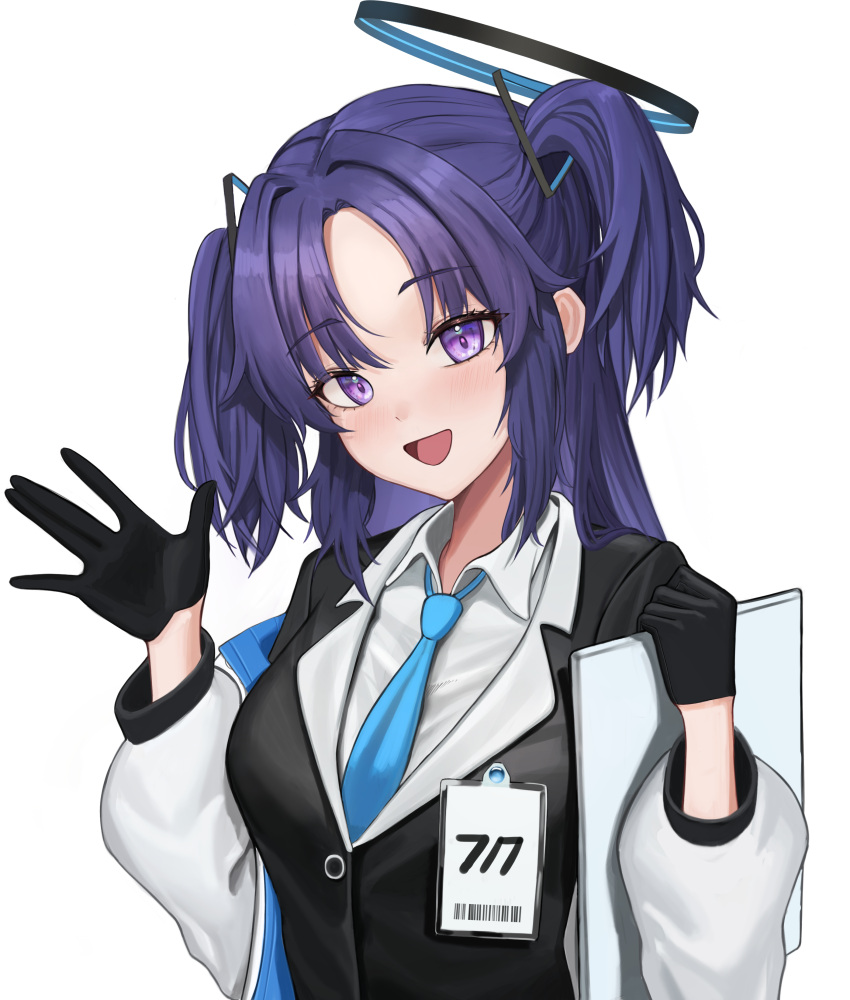 1girl absurdres black_coat black_gloves black_halo blue_archive blue_eyes blue_hair blue_necktie blush breasts coat collared_shirt commentary_request g_rimp16533 gloves halo hand_up highres holding holding_tablet_pc id_card jacket korean_commentary lapels long_hair looking_at_viewer necktie off_shoulder open_clothes open_jacket open_mouth parted_bangs shirt simple_background smile solo tablet_pc triangle_hair_ornament triangle_print two_side_up upper_body waving white_background white_jacket white_shirt yuuka_(blue_archive)