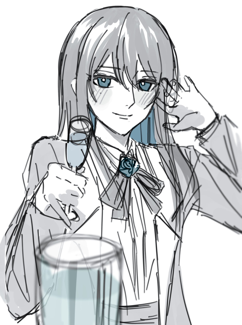 1girl ado_(utaite) black_bow black_bowtie blue_eyes blue_flower blue_hair blue_rose blush bow bowtie champagne_flute chando_(ado) closed_mouth cloud_nine_inc coat colored_inner_hair commentary cowboy_shot cup drinking_glass flower flower_brooch gloves highres holding holding_cup long_hair long_sleeves looking_at_viewer mole mole_under_eye monochrome multicolored_hair open_clothes open_coat pov rose simple_background sketch solo spica_(spica5f9ea0) spot_color two-tone_hair unfinished utaite