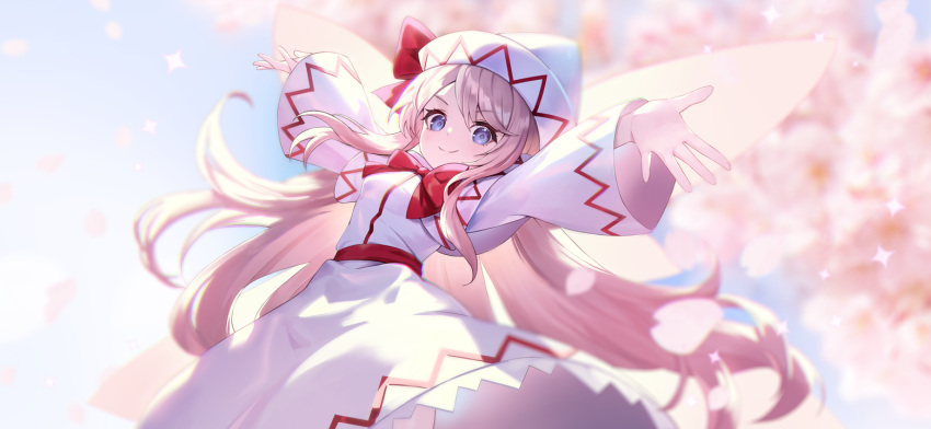 1girl blonde_hair blue_eyes blurry blurry_background blush bow bowtie cherry_blossoms closed_mouth dress fairy_wings hat hat_bow lily_white long_hair long_sleeves looking_at_viewer non-web_source official_art outstretched_arms red_bow red_bowtie second-party_source smile solo touhou touhou_gensou_eclipse u_u_zan very_long_hair white_dress white_headwear wide_sleeves wings