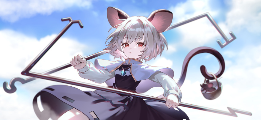 1girl :&lt; animal_ears basket black_dress capelet closed_mouth clouds dowsing_rod dress fingernails grey_capelet grey_hair holding holding_with_tail jewelry long_sleeves looking_at_viewer mouse mouse_ears mouse_girl mouse_tail nazrin non-web_source official_art pendant prehensile_tail red_eyes second-party_source shirt short_hair sky sleeve_cuffs solo tail touhou touhou_gensou_eclipse u_u_zan white_shirt