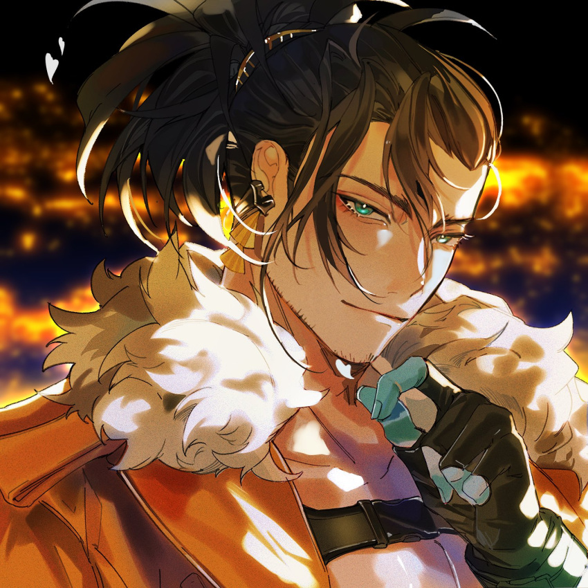 1boy aqua_eyes black_gloves black_hair blue_skin closed_mouth colored_skin commentary earrings eyelashes eyeshadow facial_hair fingerless_gloves fur-trimmed_jacket fur_trim gloves hair_between_eyes hand_on_own_chin high_ponytail highres holostars holostars_english jacket jewelry josuiji_shinri long_hair looking_at_viewer makeup male_focus open_clothes open_jacket orange_jacket portrait red_eyeshadow smile solo stubble suda_(svdaaa) symbol-only_commentary tassel tassel_earrings virtual_youtuber