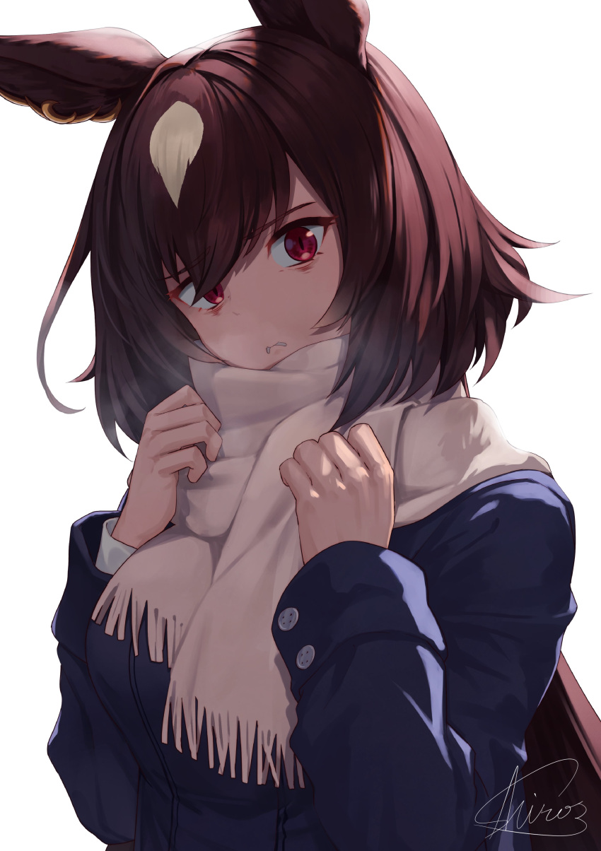 1girl absurdres animal_ears blue_coat brown_hair buttons closed_mouth coat commentary_request double-breasted ear_ornament frown hair_between_eyes highres horse_ears horse_girl long_hair long_sleeves looking_at_viewer multicolored_hair red_eyes scarf shiro3necro signature simple_background sirius_symboli_(umamusume) solo streaked_hair tracen_winter_coat umamusume very_long_hair white_background white_hair white_scarf