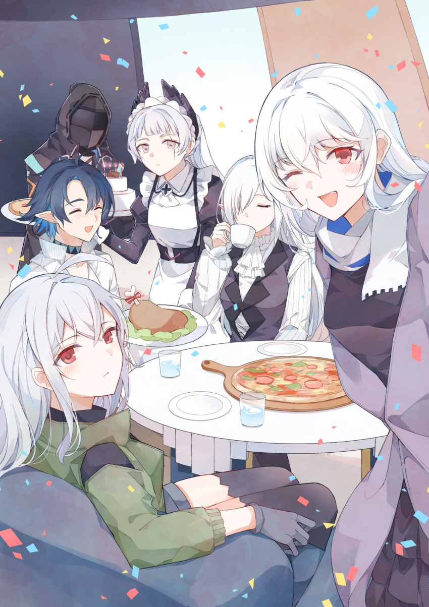 1boy 1other 4girls :d ;d ^_^ ambiguous_gender antenna_hair arknights ascot black_dress black_jacket black_shirt black_thighhighs blue_hair closed_eyes confetti cup doctor_(arknights) dress drinking food gladiia_(arknights) gloves green_jacket grey_eyes grey_gloves grey_shorts hair_between_eyes hair_over_one_eye head_wings highres holding holding_cup holding_plate hood hood_up hooded_jacket indoors irene_(arknights) irene_(voyage_of_feathers)_(arknights) jacket looking_at_viewer lumen_(arknights) maid mask multiple_girls no_headwear official_alternate_costume one_eye_closed open_mouth pizza plate pointy_ears red_eyes sae1293 scar scar_across_eye scarf shirt short_hair shorts sitting skadi_(arknights) skadi_(the_next_afternoon_tea)_(arknights) smile specter_(arknights) specter_(undercurrent)_(arknights) table thigh-highs white_ascot white_scarf white_shirt wings