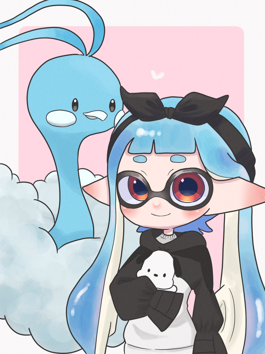 1girl altaria bird black_eyes black_hairband blue_hair blue_skin border colored_skin commentary fluffy hairband highres inkling inkling_girl long_hair mina_p pink_background pointy_ears pokemon pokemon_(creature) red_eyes sleeves_past_fingers sleeves_past_wrists smile splatoon_(series) symbol-only_commentary tentacle_hair upper_body white_border