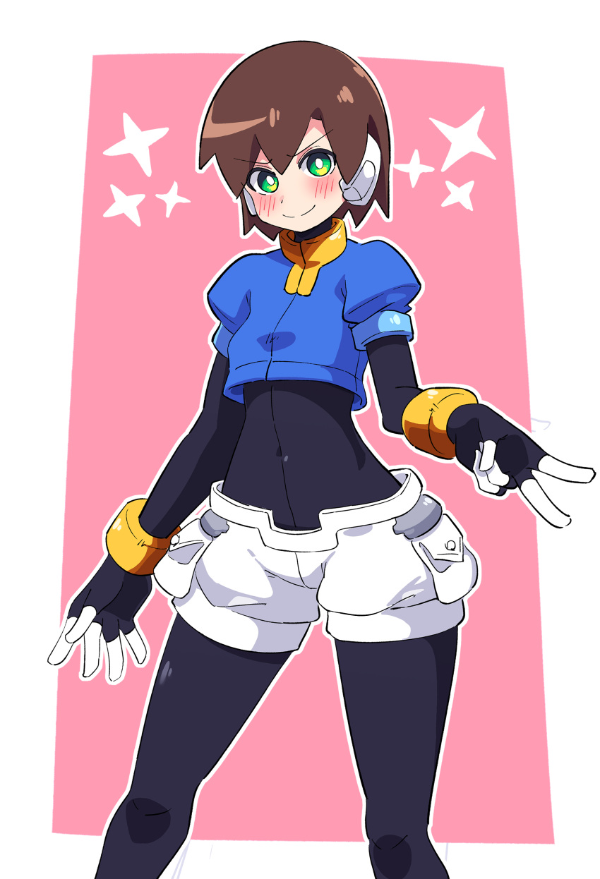 1girl absurdres aile_(mega_man_zx) black_bodysuit blue_jacket blush bodysuit brown_hair buzzlyears closed_mouth cropped_jacket green_eyes highres jacket mega_man_(series) mega_man_zx short_shorts short_sleeves shorts smile solo v white_shorts