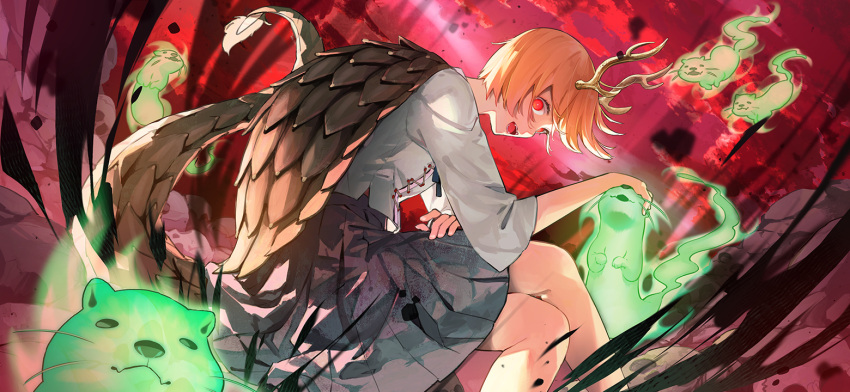 1girl :d antlers blonde_hair blue_shirt blue_skirt clouds darkness dragon_tail fangs fingernails kicchou_yachie looking_at_viewer non-web_source official_art open_mouth otter_spirit_(touhou) outdoors petting pleated_skirt red_eyes red_sky second-party_source shirt short_hair sideways_glance skirt skull sky smile solo syuri22 tail teeth touhou touhou_gensou_eclipse turtle_shell