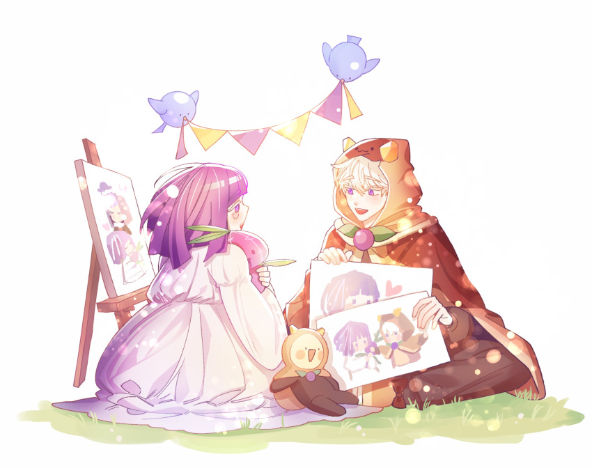 1boy 1girl animal bbbingbeok bird blackberry_cookie blonde_hair blunt_tresses blush child's_drawing cloak cookie_run crying dress easel highres holding holding_drawing holding_stuffed_toy hood hooded_cloak indian_style long_hair long_sleeves looking_at_another onion_cookie open_mouth pancake_cookie purple_hair sitting smile string_of_flags stuffed_toy tears violet_eyes